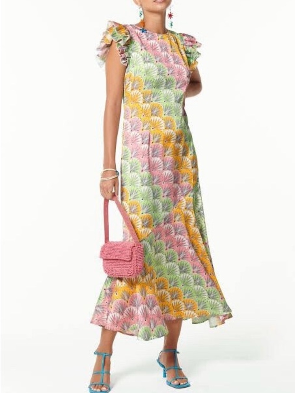 Never Fully Dressed Remi Pastel Deco Paisley Midi Dress Multicolor Ruffle 12
